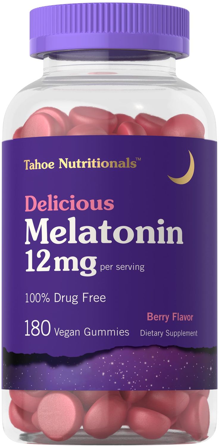Carlyle Tahoe Nutritionals Melatonin Gummies 12mg 180 Count Berry Flavor Drug Free Supplement Vegan, Non-GMO, Gluten Free