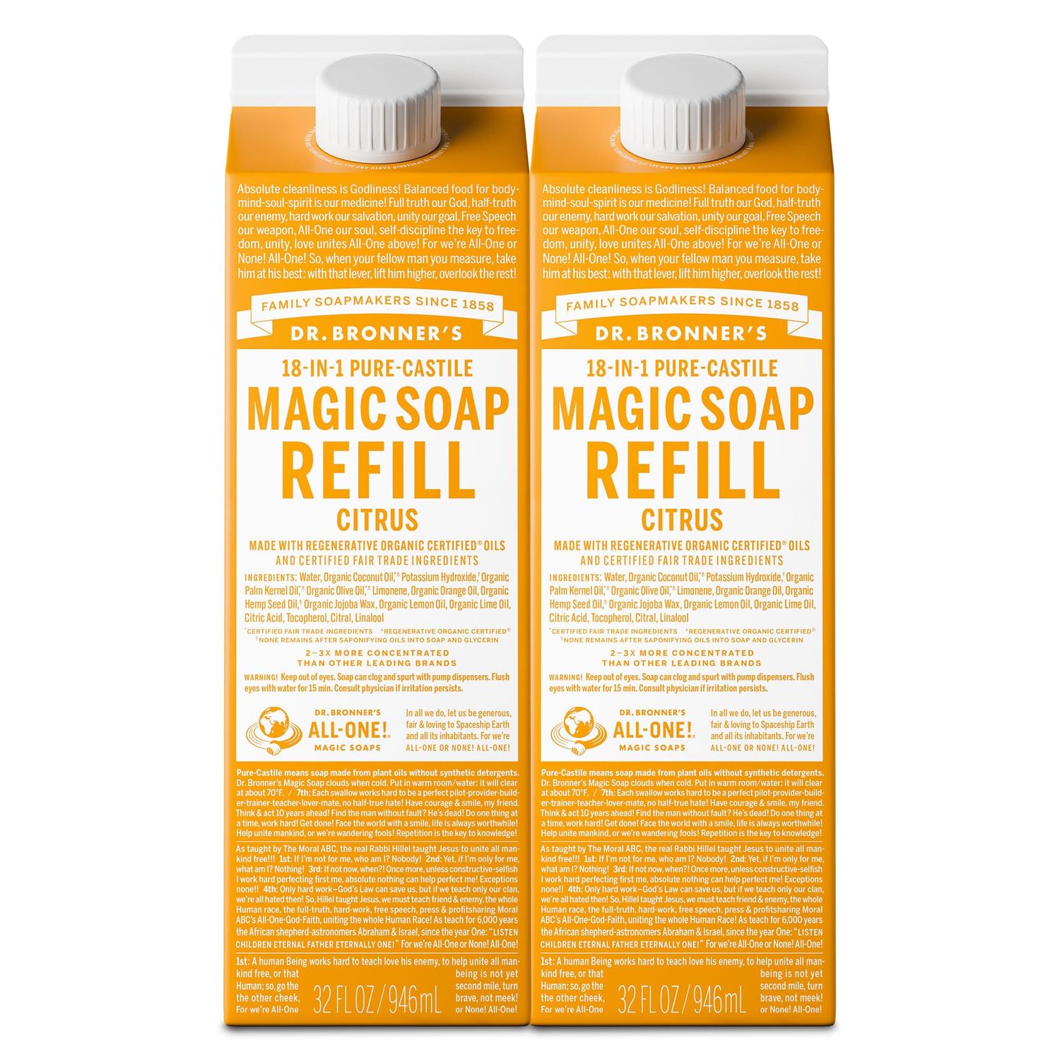 Dr. Bronner&#39;s Magic Soap-Pure-Castile Liquid Soap Refill (Citrus, 32 ounce, 2-Pack)-Regenerative Organic Certified Oils, For Body, Hair, Laundry, Pets Dishes, Concentrated, Vegan, Non-GMO