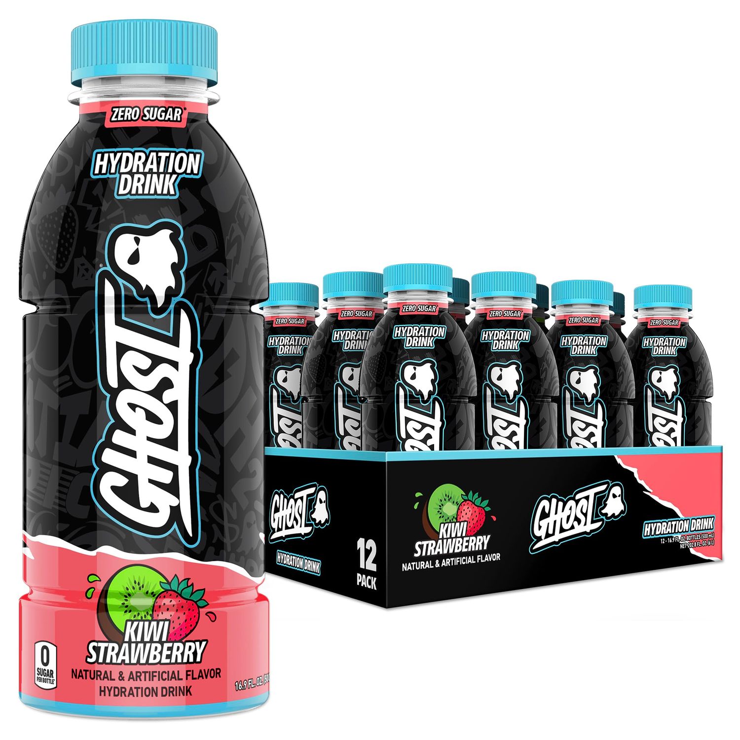 GHOST Hydration Drink, Kiwi Strawberry- RTD Sports Drink with Electrolytes, Natural Vitamins Minerals - All Day Lifestyle Hydration Beverage - Zero Caffeine Zero Sugars - 16.9 Fl Oz, 12 Pack