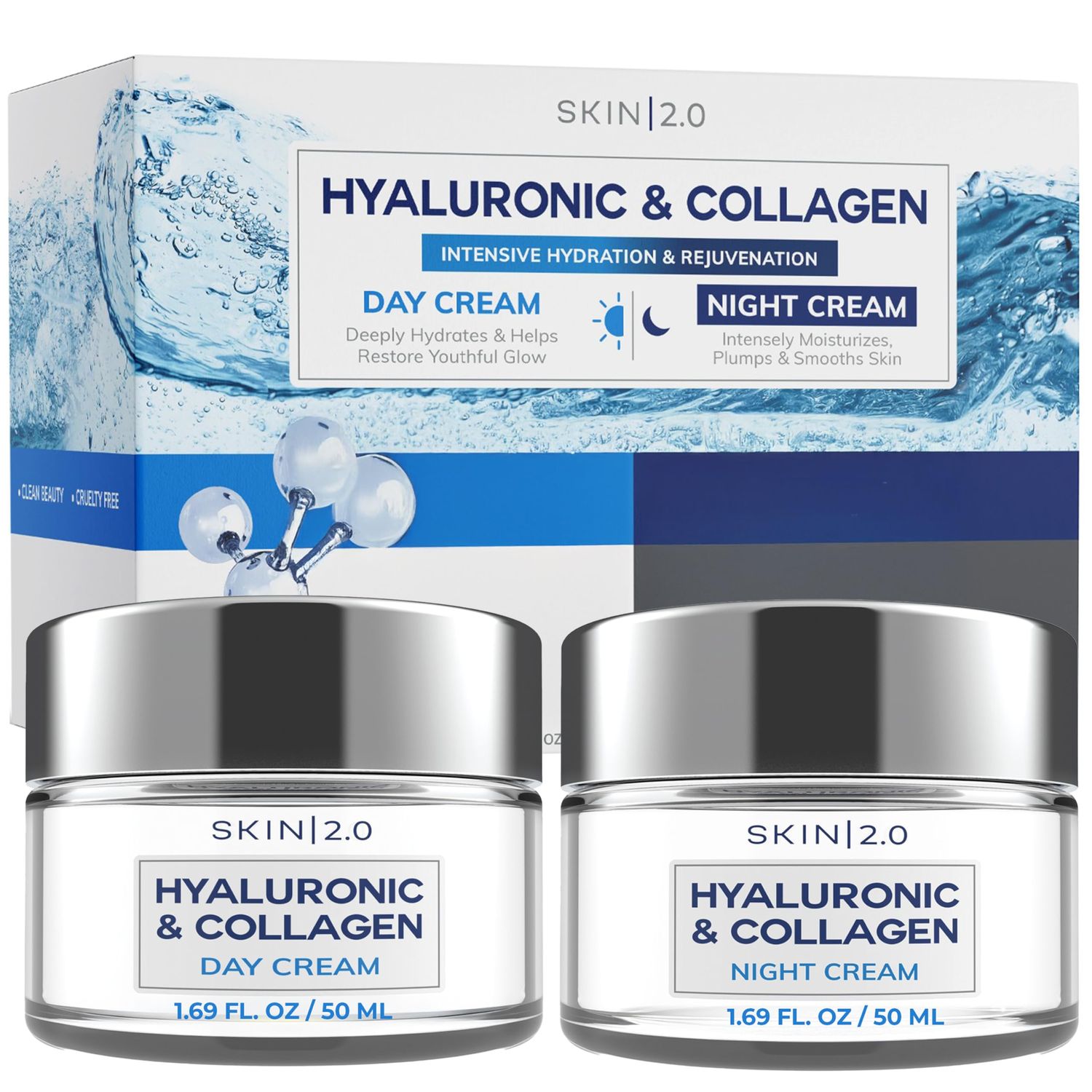 Skin 2.0 Hyaluronic Acid Collagen Day Night Face Moisturizer - Dermatologist Tested, Hydrating, Anti-Aging, Clean Beauty, Cruelty-Free, Korean Skincare for All Skin Types - 1.69 Fl oz (2-Pack)