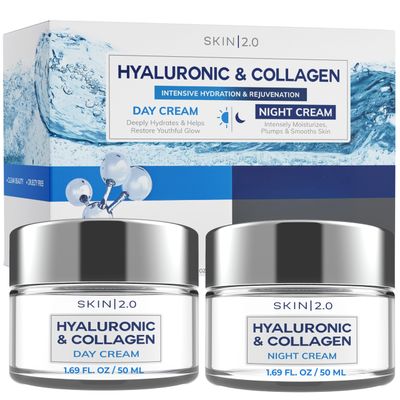 Skin 2.0 Hyaluronic Acid Collagen Day Night Face Moisturizer - Dermatologist Tested, Hydrating, Anti-Aging, Clean Beauty, Cruelty-Free, Korean Skincare for All Skin Types - 1.69 Fl oz (2-Pack)