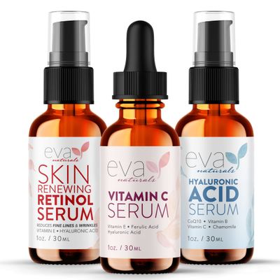Eva Naturals Anti-Aging Serum Bundle - Vitamin C, Hyaluronic Acid, and Retinol Face Serum Set for Skin Brightening, Hydration