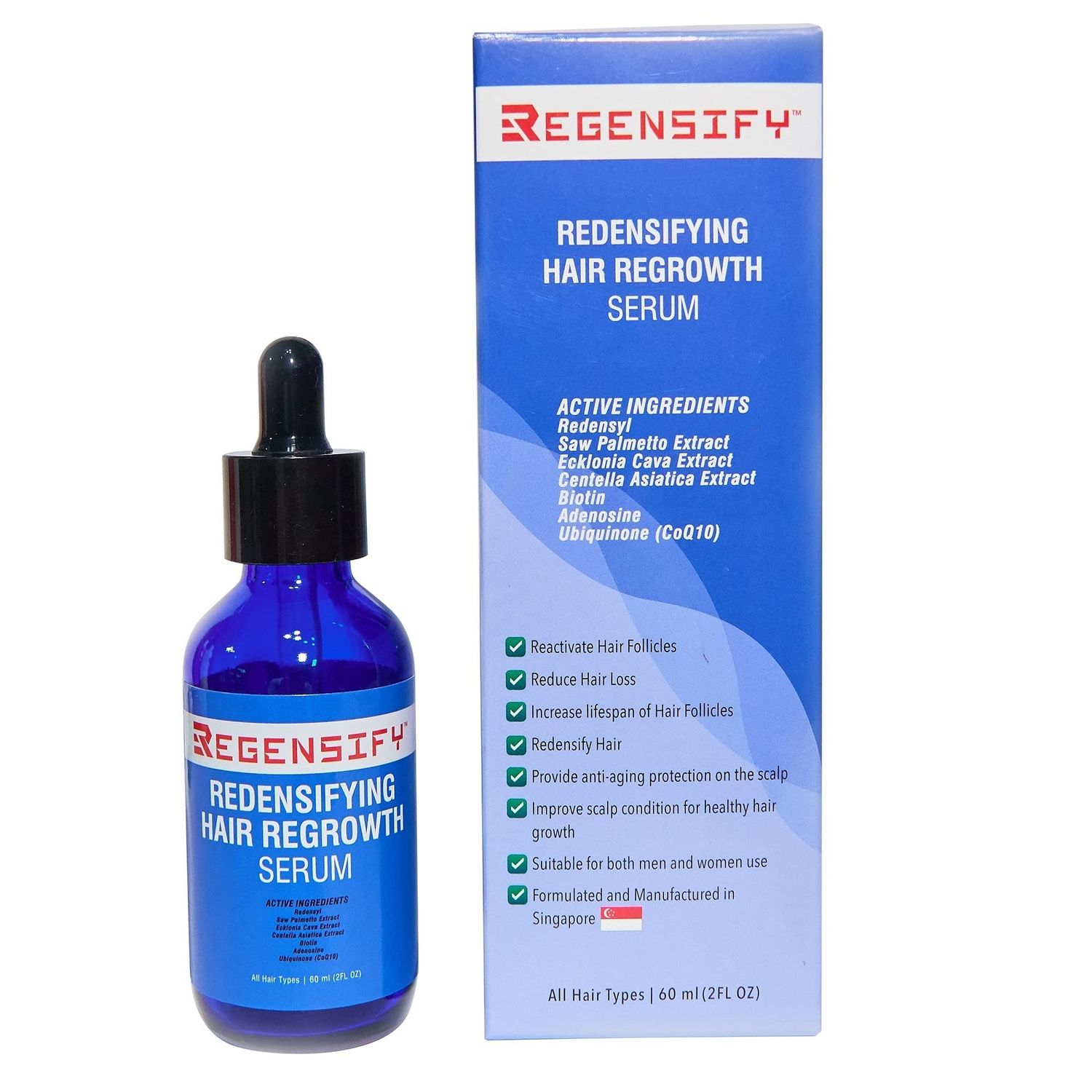 REGENSIFY Redensifying Hair Regrowth Serum 60 ml (2 FL Oz) Redensyl with Adenosine, Biotin, Coenzyme Q10, Centella Asiatica, Saw Palmetto and Ecklonia Cava