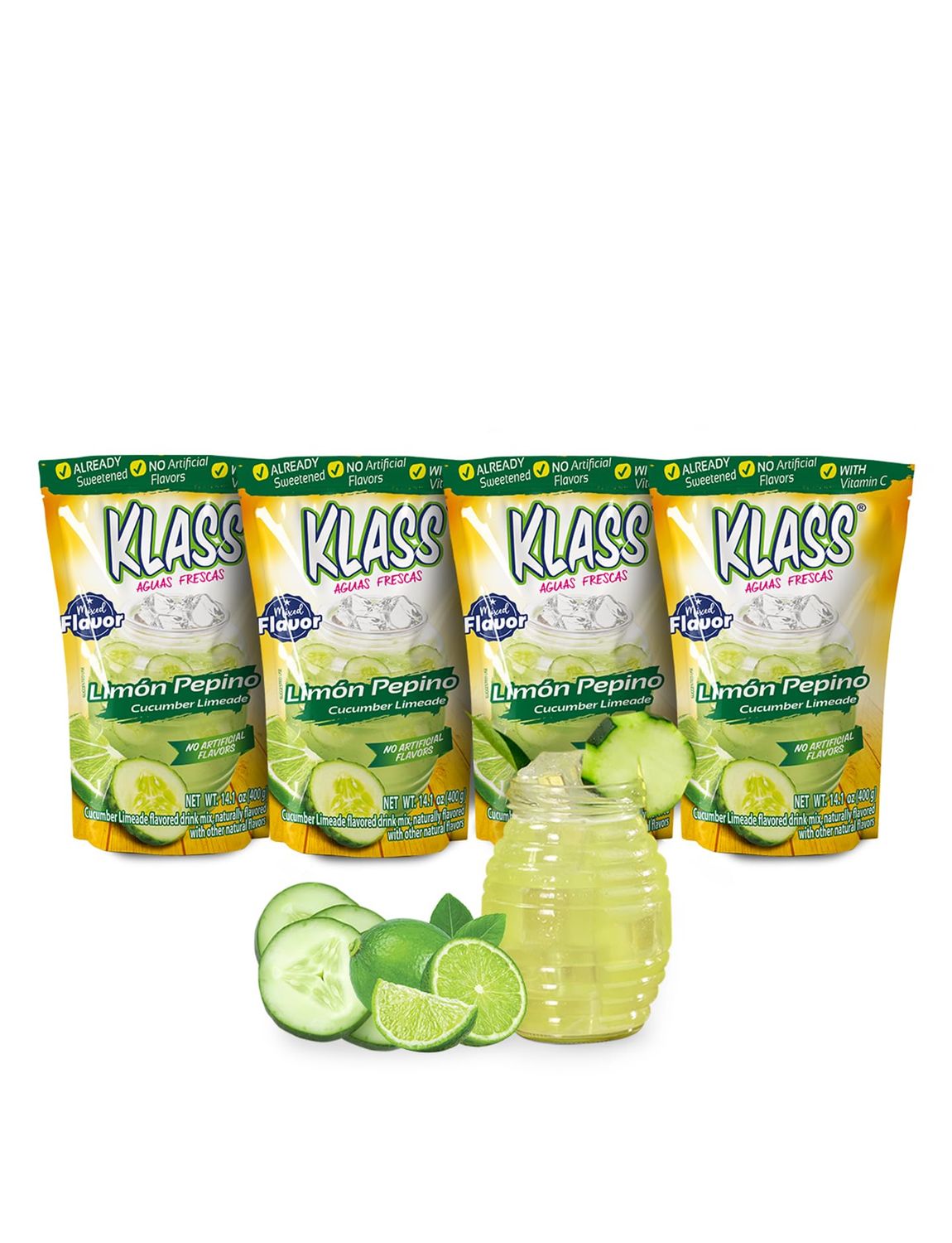 Klass Aguas Frescas Drink Mix Cucumber Limeade Flavors From Natural Sources, No Artificial Flavors, With Vitamin C (Makes 7 to 9 Quarts) 14.1 Oz Family Pack (4-Pack)