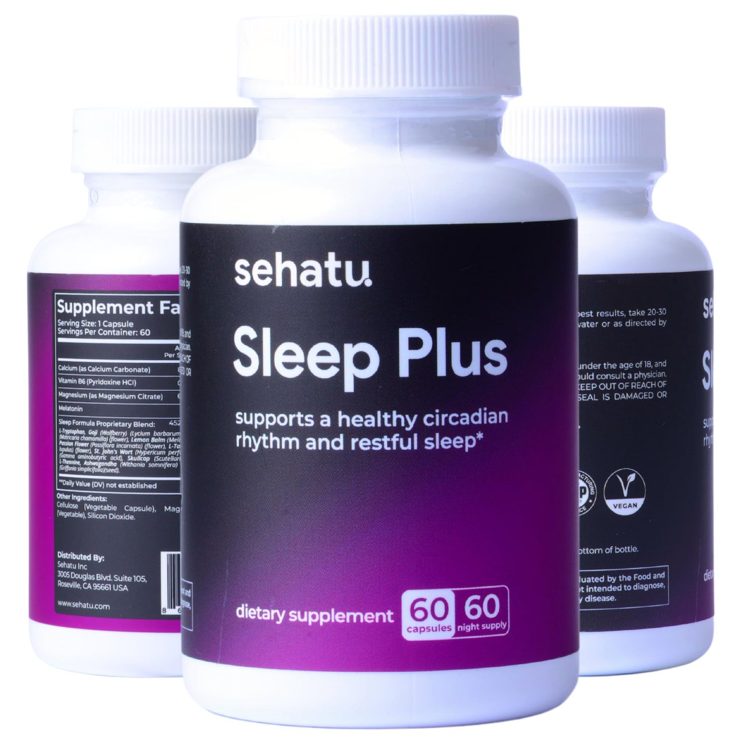 SEHATU Sleep Plus Supplement with Melatonin, GABA, Ashwagandha, 5-HTP for Men and Women Seeking a Healthy Sleep-Wake Schedule and A Relaxed Mood 60 Count 60 Day Supply