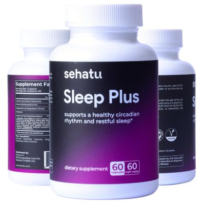 SEHATU Sleep Plus Supplement with Melatonin, GABA, Ashwagandha, 5-HTP for Men and Women Seeking a Healthy Sleep-Wake Schedule and A Relaxed Mood 60 Count 60 Day Supply