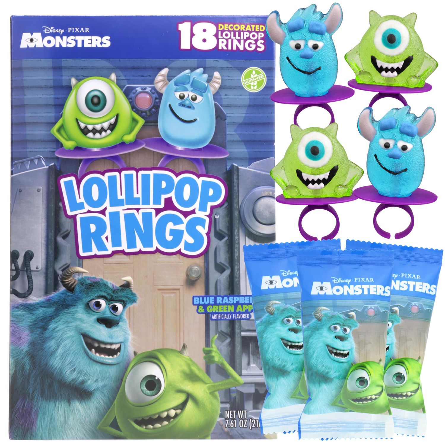 Disney Pixar Monsters Inc. Lollipop Rings, Individually Wrapped Sully and Mike Wazowski Character Suckers, Birthday Party Treats, 18 Count