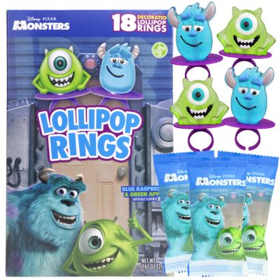 Disney Pixar Monsters Inc. Lollipop Rings, Individually Wrapped Sully and Mike Wazowski Character Suckers, Birthday Party Treats, 18 Count
