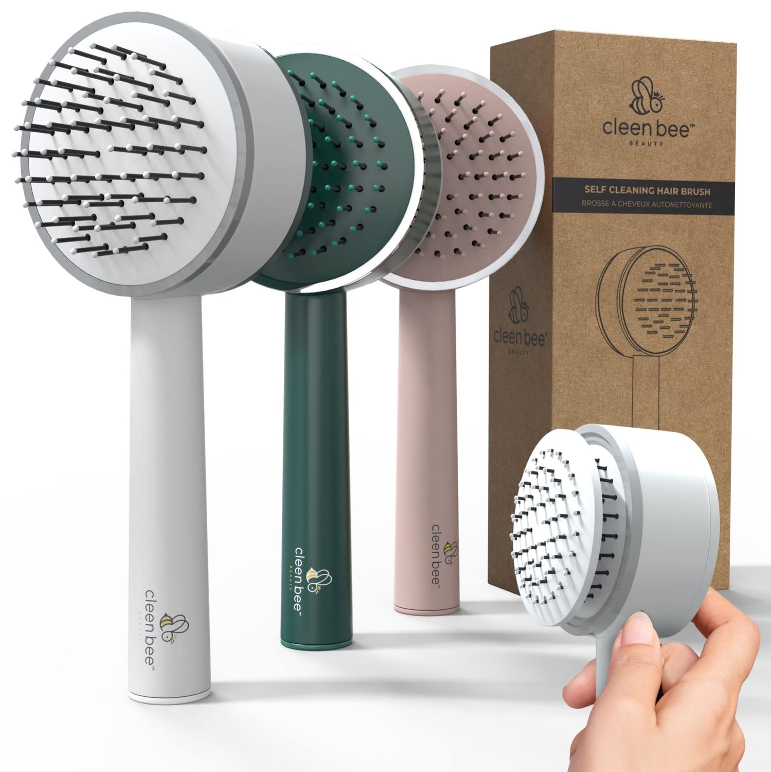 Cleen Bee Self Cleaning Hair Brush For Women, Men, Boys And Girls Built-In Anti Static Hair Brush Cleaner Tool Prevent Excess Hair Buildup With The Press Of A Button (White)