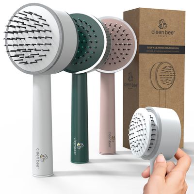 Cleen Bee Self Cleaning Hair Brush For Women, Men, Boys And Girls Built-In Anti Static Hair Brush Cleaner Tool Prevent Excess Hair Buildup With The Press Of A Button (White)