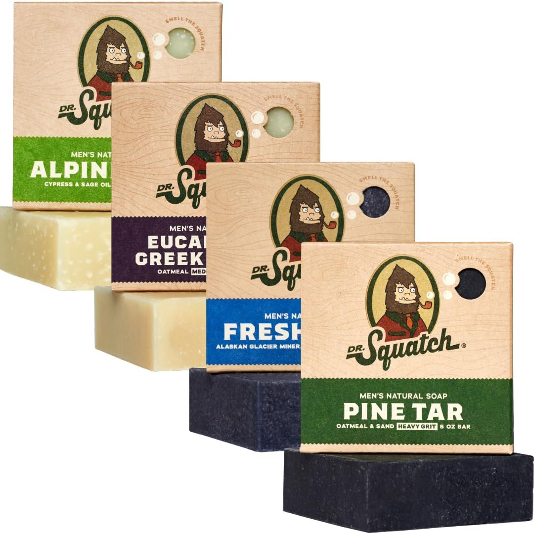 Dr. Squatch Natural Bar Soap for Men - Cold Process Soap with No Harsh Chemicals - Pine Tar, Alpine Sage, Fresh Falls Eucalyptus Greek Yogurt (5 oz, 4-Pack)