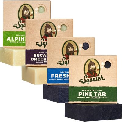 Dr. Squatch Natural Bar Soap for Men - Cold Process Soap with No Harsh Chemicals - Pine Tar, Alpine Sage, Fresh Falls Eucalyptus Greek Yogurt (5 oz, 4-Pack)