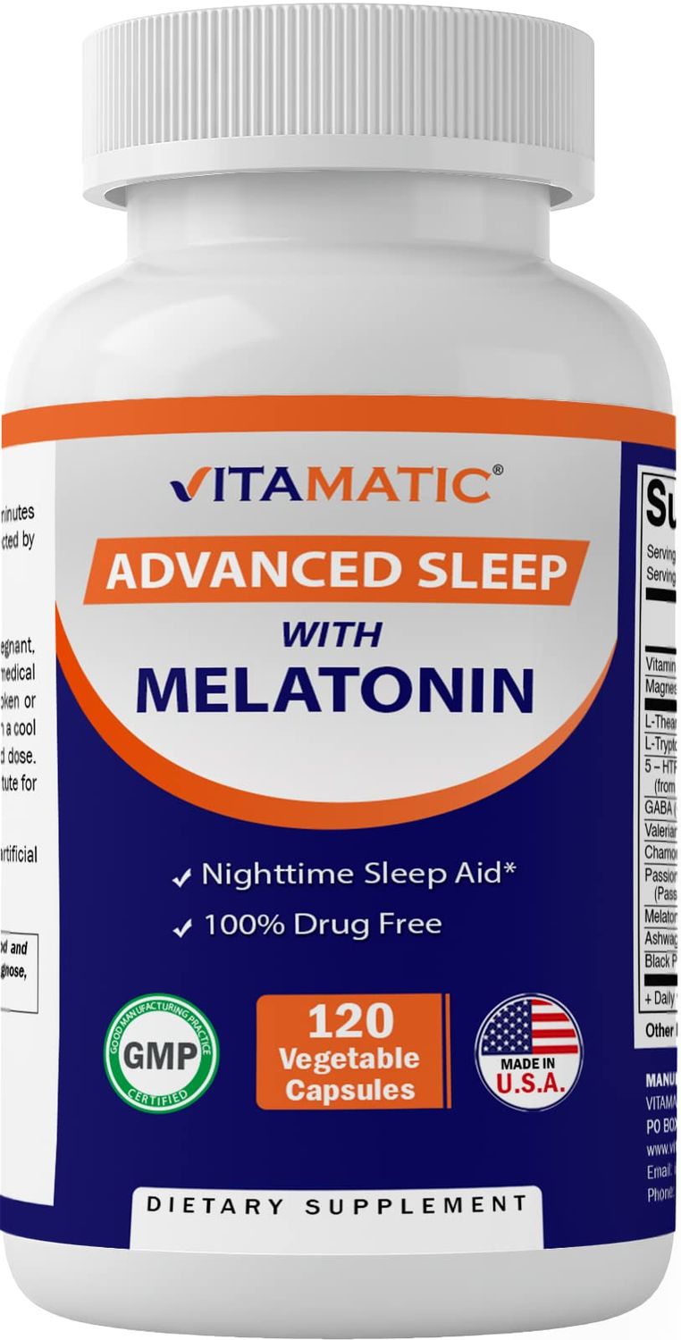 Vitamatic Advanced Sleep Aid with Melatonin - 120 Vegetable Capsules Made with B6, Magnesium, L-Theanine, L-Tryptophan, 5-HTP, GABA, Valerian, Chamomile, Passion Flower, Ashwagandha Black Pepper