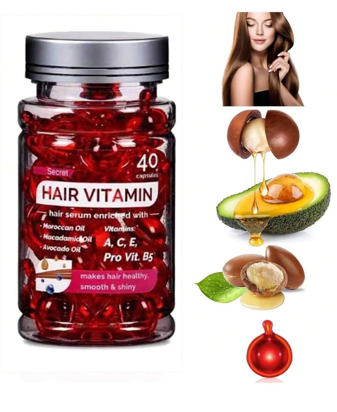 Hair Vitamin Serum Capsules, 40 Count, with Moroccan Oil and Vitamins A C E B5, Natural Hair Treatment