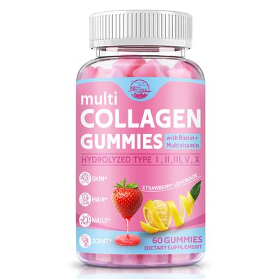 Multi Collagen Peptides Gummies, Type I, II, III, V, X - Hydrolyzed Collagen Peptides with Biotin, Hyaluronic Acid, Supports Healthy Skin, Strong Nails Thick Hair, 60 Count, 1 Pack