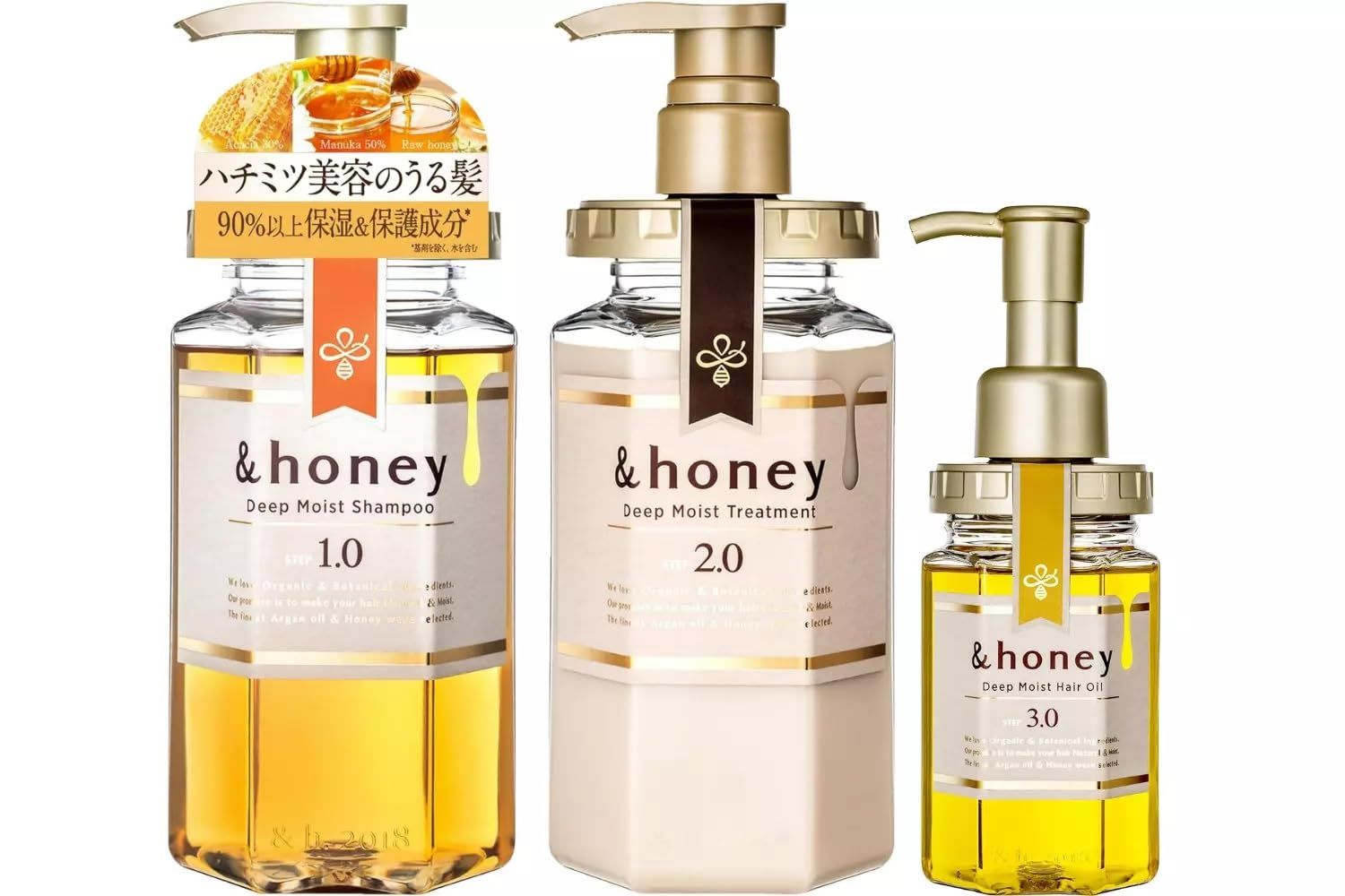 honey Deep Moist 3 items Set (Shampoo step 1.0 440ml ,Treatment step 2.0 440ml ,Hair Oil step 3.0 100ml) for Frizzy, Dry, Curly Hair. Product of Japan.