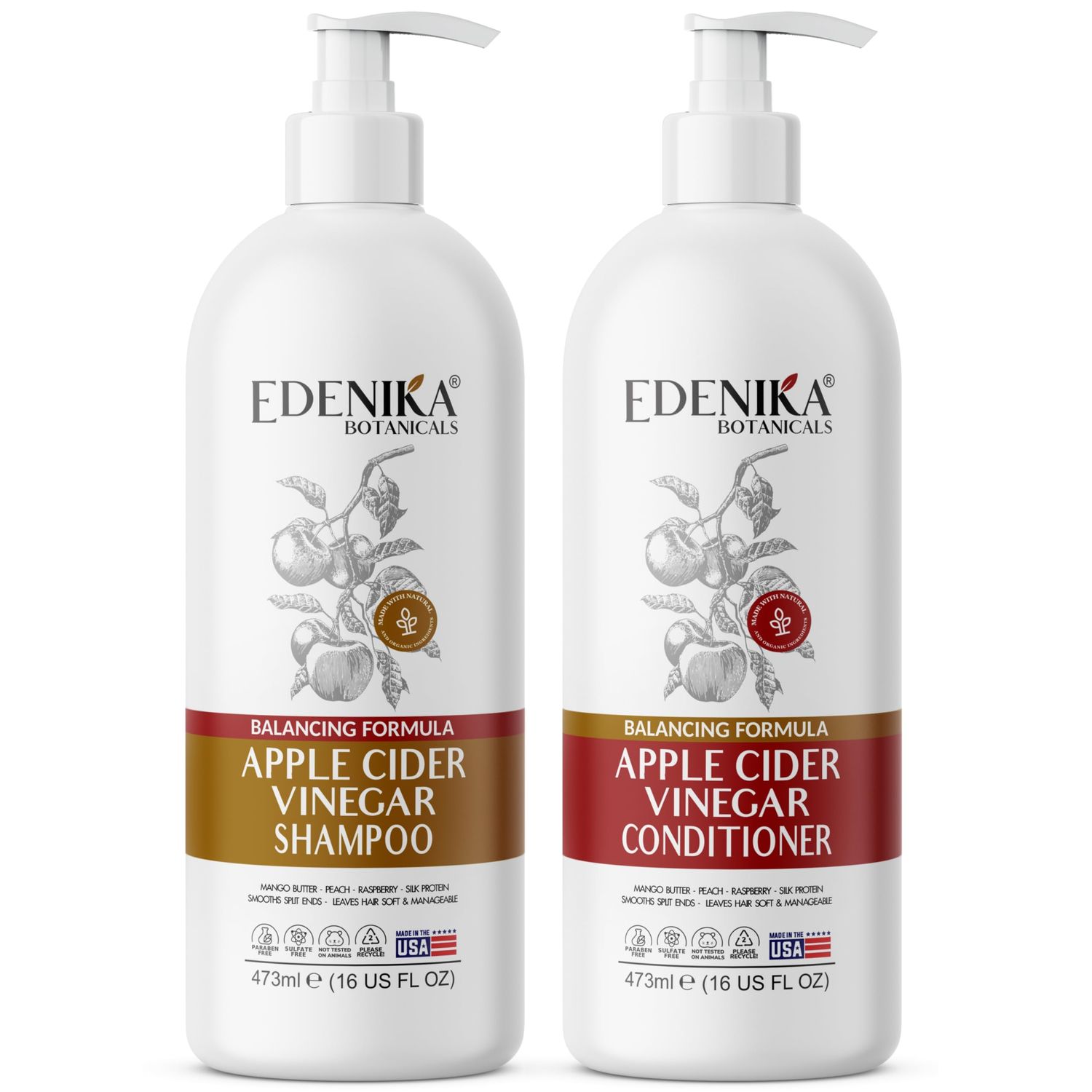 Apple Cider Vinegar Shampoo and Conditioner, Daily Clarifying Detox, pH Balance, Itchy Scalp Relief, Cleanses Dandruff Buildup, Adds Shine Volume, for Oily Hair - 16 fl oz Each