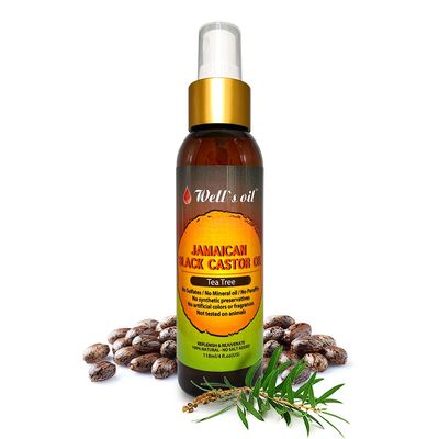 Well&#39;s Oil TEA TREE Jamaican Black Castor Oil Spray 4oz(118ml) Hair Detangler Spray Increase Hair Growth, Scalp Treatment Natural Leave-In Conditioner