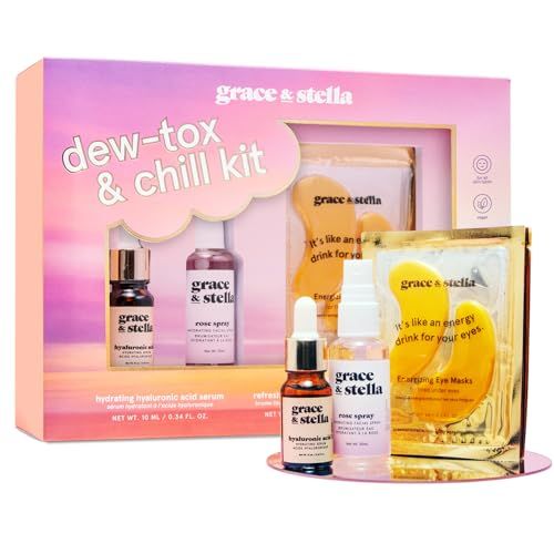 grace stella Award-Winning Mothers Day Gifts for Mom, Birthday Gifts for Women - Travel Essentials with Gold Eye Masks, Hyaluronic Acid Serum Rose Spray - Vegan Skin Care Set - Bachelorette Party