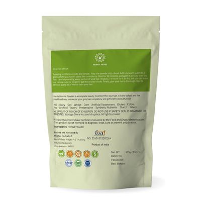 Henna Powder for Hair Growth 100g (3.5oz) Pure Mehndi Powder Natural black Henna Hair Colour Dye Made in India by Hebhac Herbs