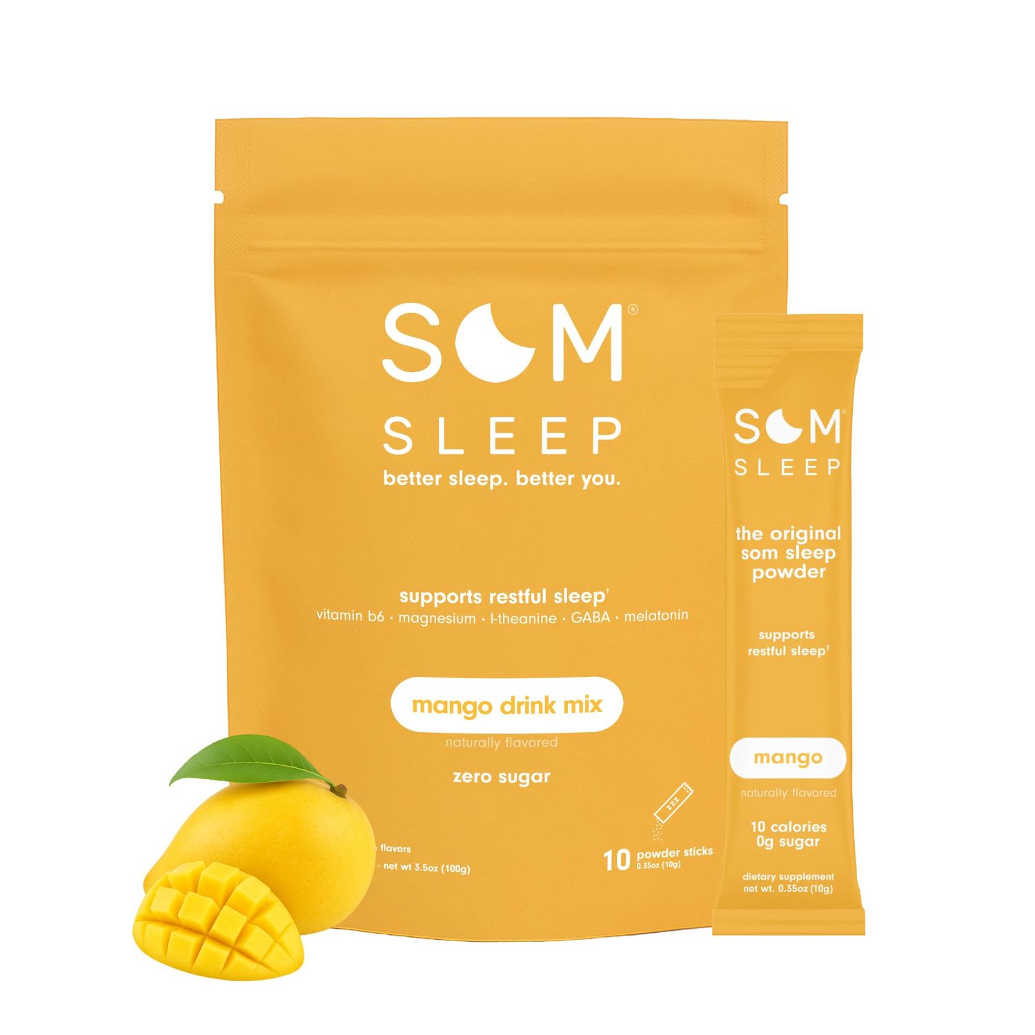 Som Sleep, Calm Sleep Aid Drink Mix Powder w 3mg Melatonin, Magnesium, Vitamin B6, L-Theanine GABA - Vegan, Zero Sugar, Keto Friendly - Mango, 10-Pack