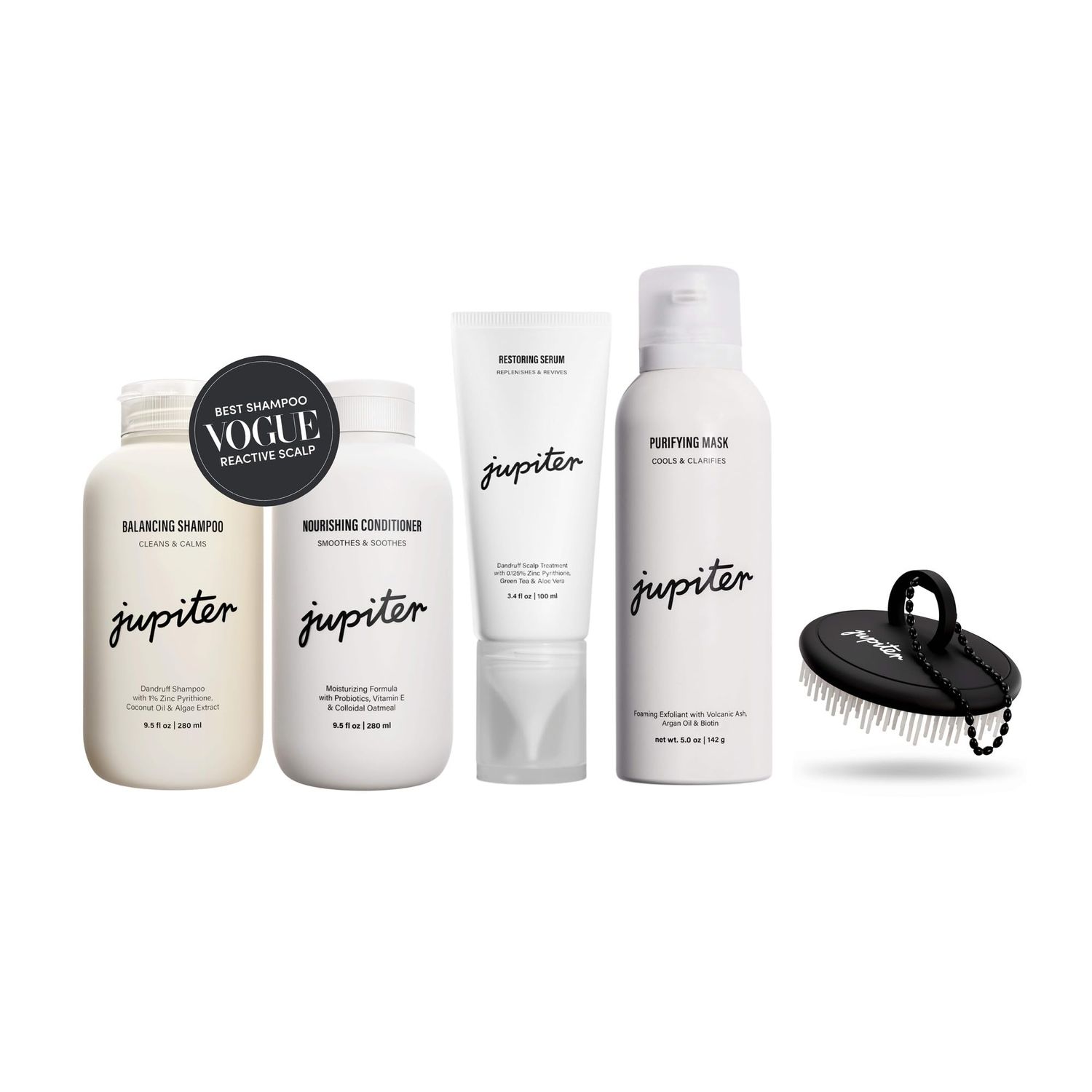 Jupiter Oil Control Exfoliation Set, Anti-Dandruff Shampoo, Conditioner, Restoring Serum, Scalp Brush, Purifying Mask, for Women Men, Dermatologist-Formulated for Flaky, Itchy, Oily, Dry Scalp