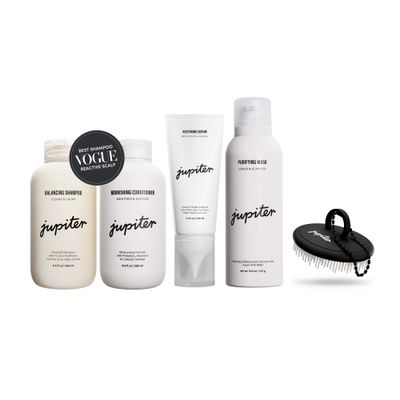 Jupiter Oil Control Exfoliation Set, Anti-Dandruff Shampoo, Conditioner, Restoring Serum, Scalp Brush, Purifying Mask, for Women Men, Dermatologist-Formulated for Flaky, Itchy, Oily, Dry Scalp