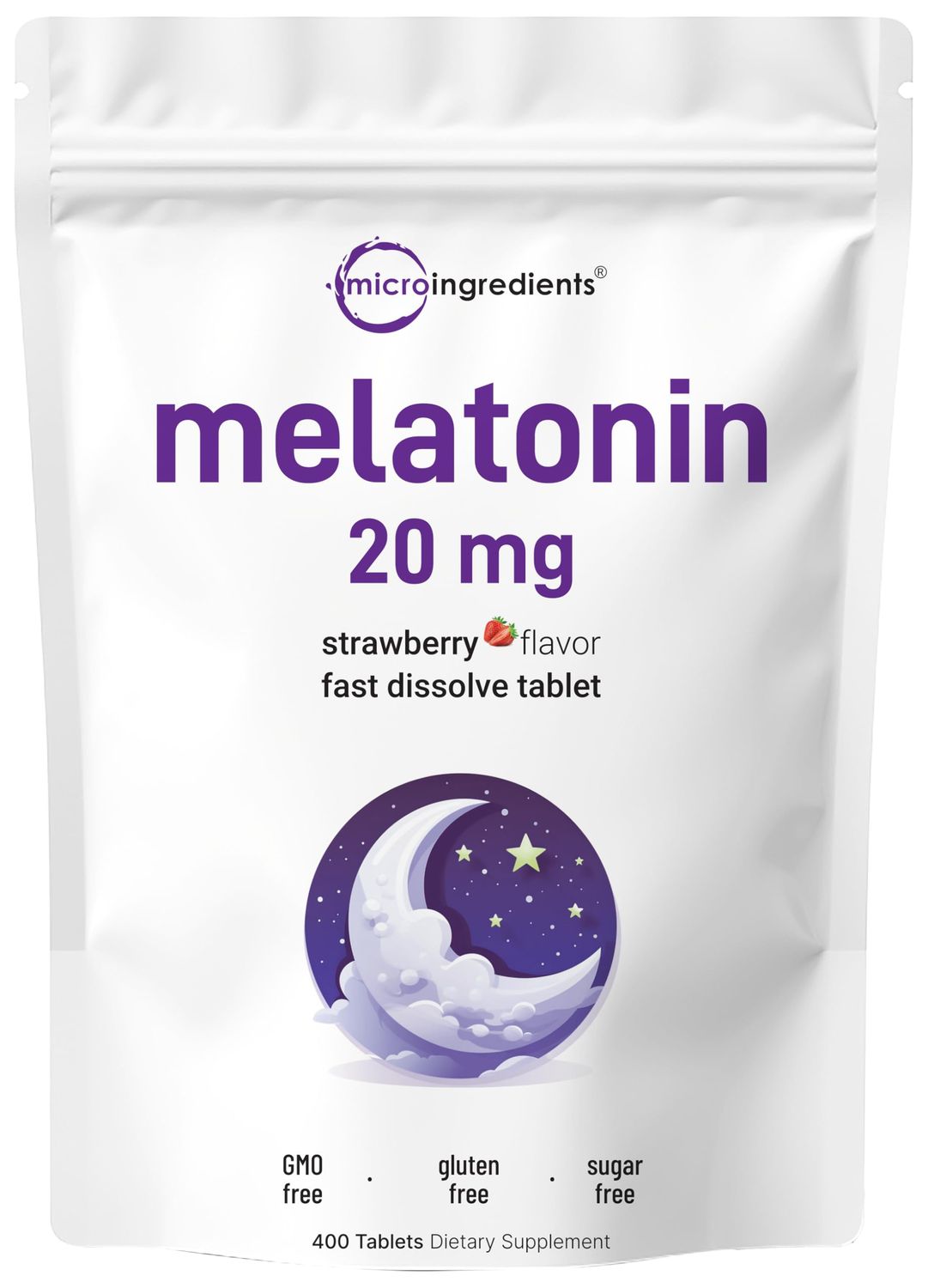 Micro Ingredients Melatonin 20mg Tablets, 400 Counts, Natural Strawberry Flavor, Fast Dissolve No Drug, Vegetarian Friendly, Non-GMO No Gluten