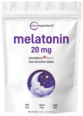 Micro Ingredients Melatonin 20mg Tablets, 400 Counts, Natural Strawberry Flavor, Fast Dissolve No Drug, Vegetarian Friendly, Non-GMO No Gluten