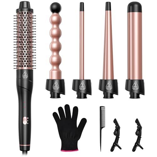 Lopeie 5 in 1 Curling Iron Set, Curling Wand with New Upgraded Thermal Brush and 4 Interchangeable Ceramic Barrels(0.35"-1.5"), Fast Heating, Dual Voltage Hair Curler, Gifts for Women