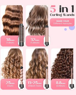 Lopeie 5 in 1 Curling Iron Set, Curling Wand with New Upgraded Thermal Brush and 4 Interchangeable Ceramic Barrels(0.35"-1.5"), Fast Heating, Dual Voltage Hair Curler, Gifts for Women