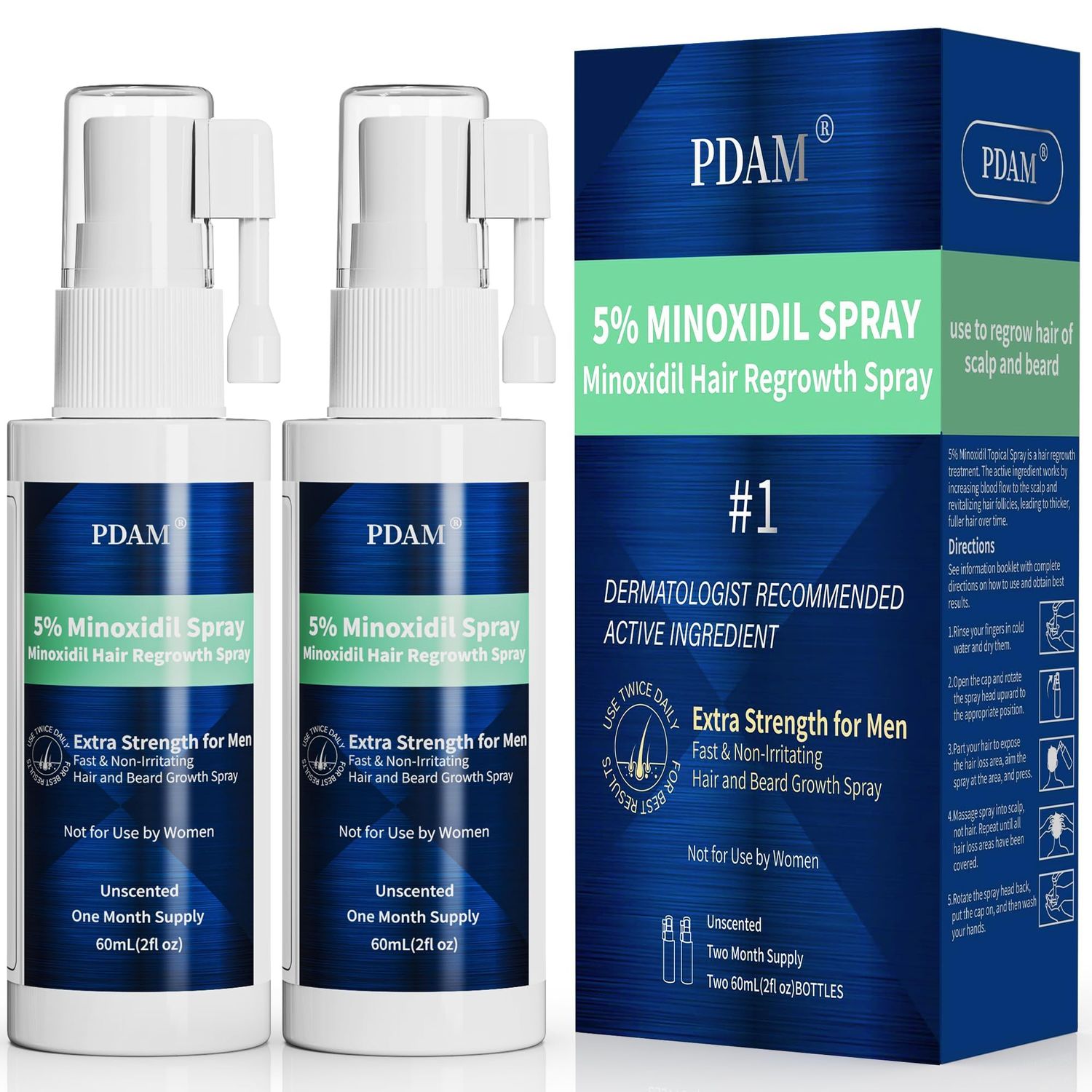 Minoxidil for Men Hair Growth Spray - 5 Topical Hair Regrowth Treatment for Thinning Hair and Beard Growth, Extra Strength Hair Loss Solution, 2-Month Supply, 4 Fl Oz (Pack of 2)