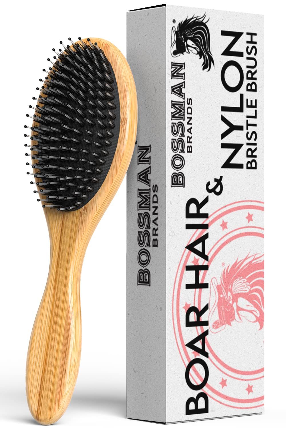 Bossman Men&#39;s Boar and Nylon Bristle Hair and Beard Brush - Detangling Straightening Wooden Oval Wet Brush - Ergonomic Bamboo Design