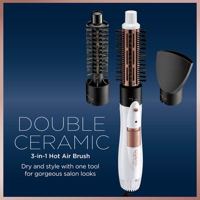 Conair Double Ceramic 3-in-1 Hot Air Brush, 1000W, Interchangeable 1" Thermal Boar Bristle Attachments for Voluminous Curls Straight Styles, Hot Air Brush for Fine Thick Hair