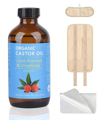 VRJEUGO Castor Oil Organic Cold Pressed Unrefined, Amber Glass Bottle with Castor Oil Pack Wrap and Cotton Flannel Cloth for Body, 8oz237ml