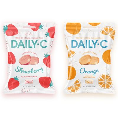 Daily-C Chewable Vitamin C Strawberry and Orange Candy Bundle 100MG of Vitamin C in Each Piece Contains 10 Mini Rolls Brought to You by Iconic Candy 5.3oz Strawberry Bag 5.3oz Orange Bag