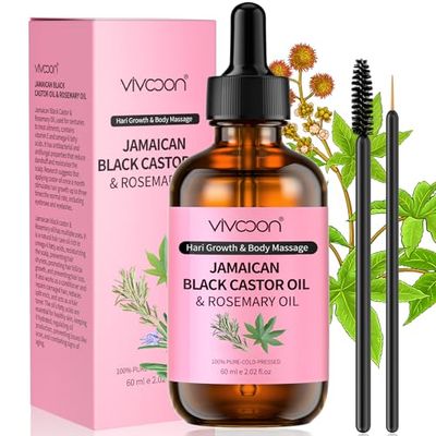 Vivccon Jamaican Organic Black Castor Oil with Rosemary, Cold Pressed,for Hair , Eyelashes and Eyebrows Growth,100 Natural Pure