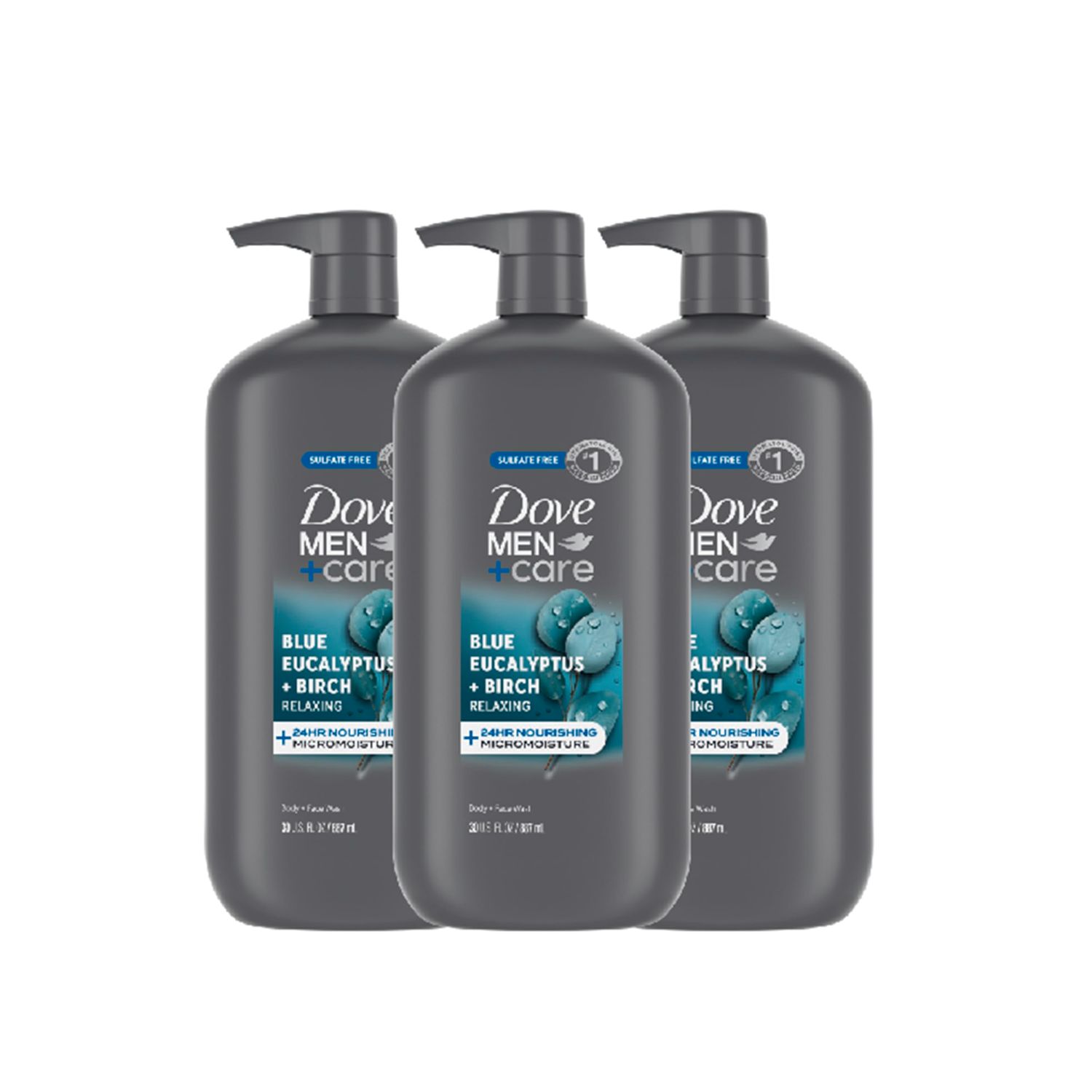 Dove MenCare Relaxing Blue Eucalyptus Birch 3 Count Body and Face Wash with 24-Hour Nourishing Micromoisture Technology Body Wash for Men 30 oz