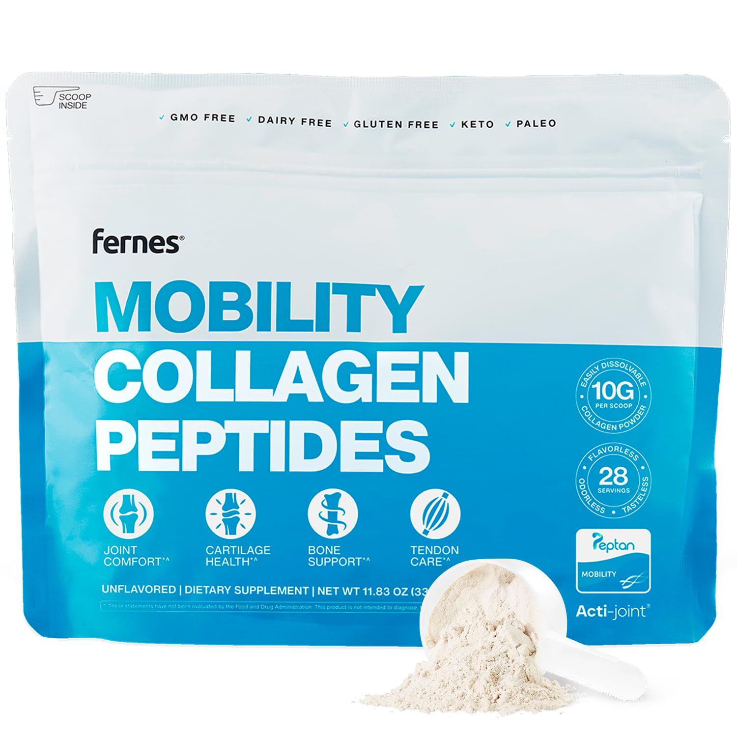 Fernes Mobility Collagen Peptides Powder - Glucosamine, Chondroitin, Hyaluronic Acid Liposomal Vitamin C Joint Bone Cartilage Support Grass-Fed Type I III Keto Paleo 28 Servings, 11.83 oz