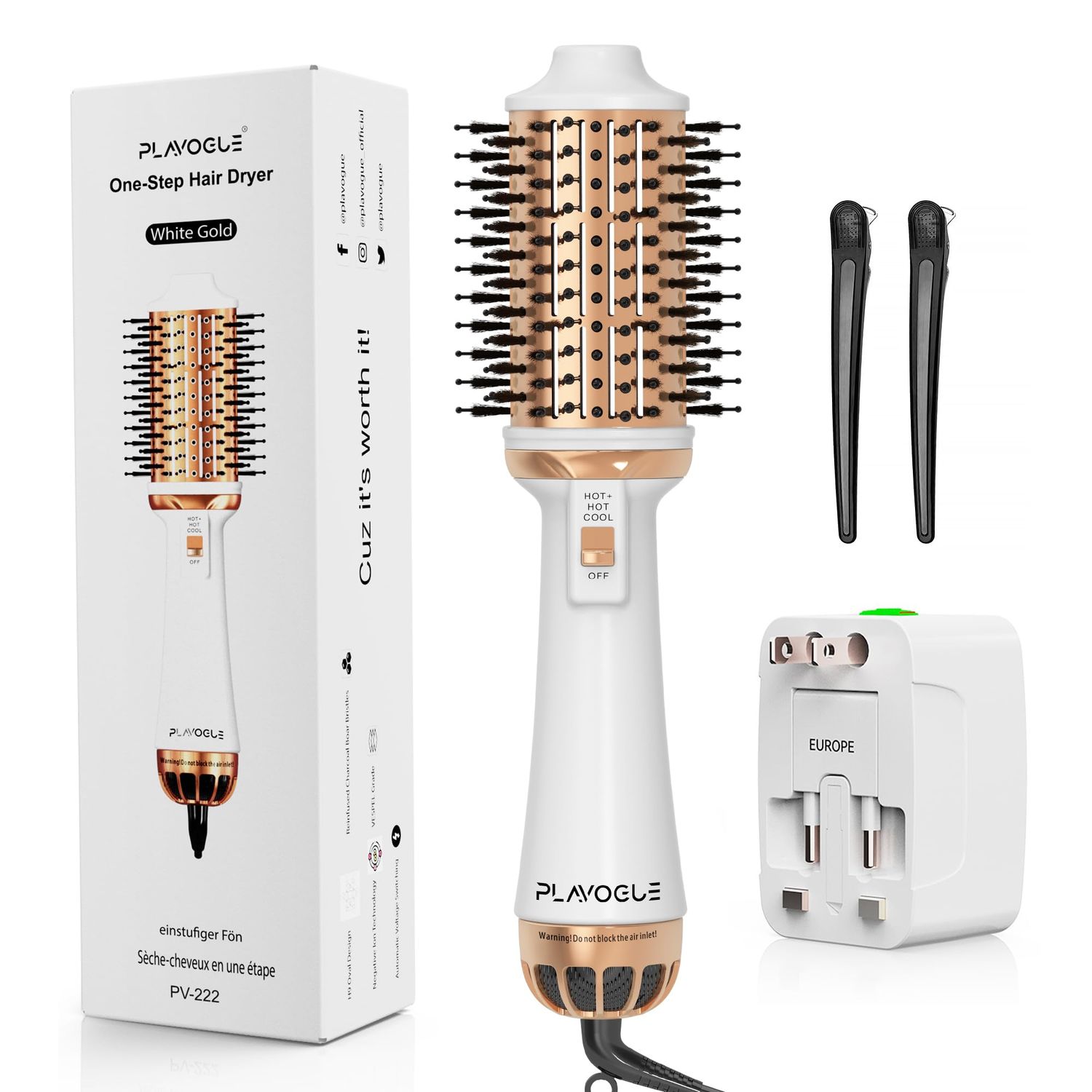 Plavogue Dual Voltage Blow Dryer Brush for European Travel,110V-240V Hot Air Brush with Volumizer, Negative Ionic Anti-Frizz - Styling Brush with Ceramic Coating for LongMid Hair Types, Oval Shape