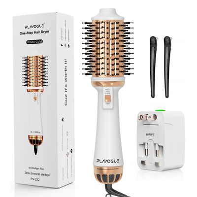 Plavogue Dual Voltage Blow Dryer Brush for European Travel,110V-240V Hot Air Brush with Volumizer, Negative Ionic Anti-Frizz - Styling Brush with Ceramic Coating for LongMid Hair Types, Oval Shape