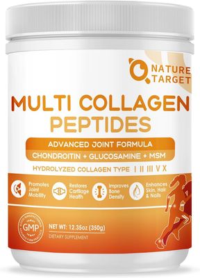 NATURE TARGET Multi-Collagen-Peptides-Powder for Joint Support, Hydrolyzed Collagen for Women Men with MSM GC, Type I II III V X Collagen for Skin Hair Nail, Non-GMO, 35 Servings