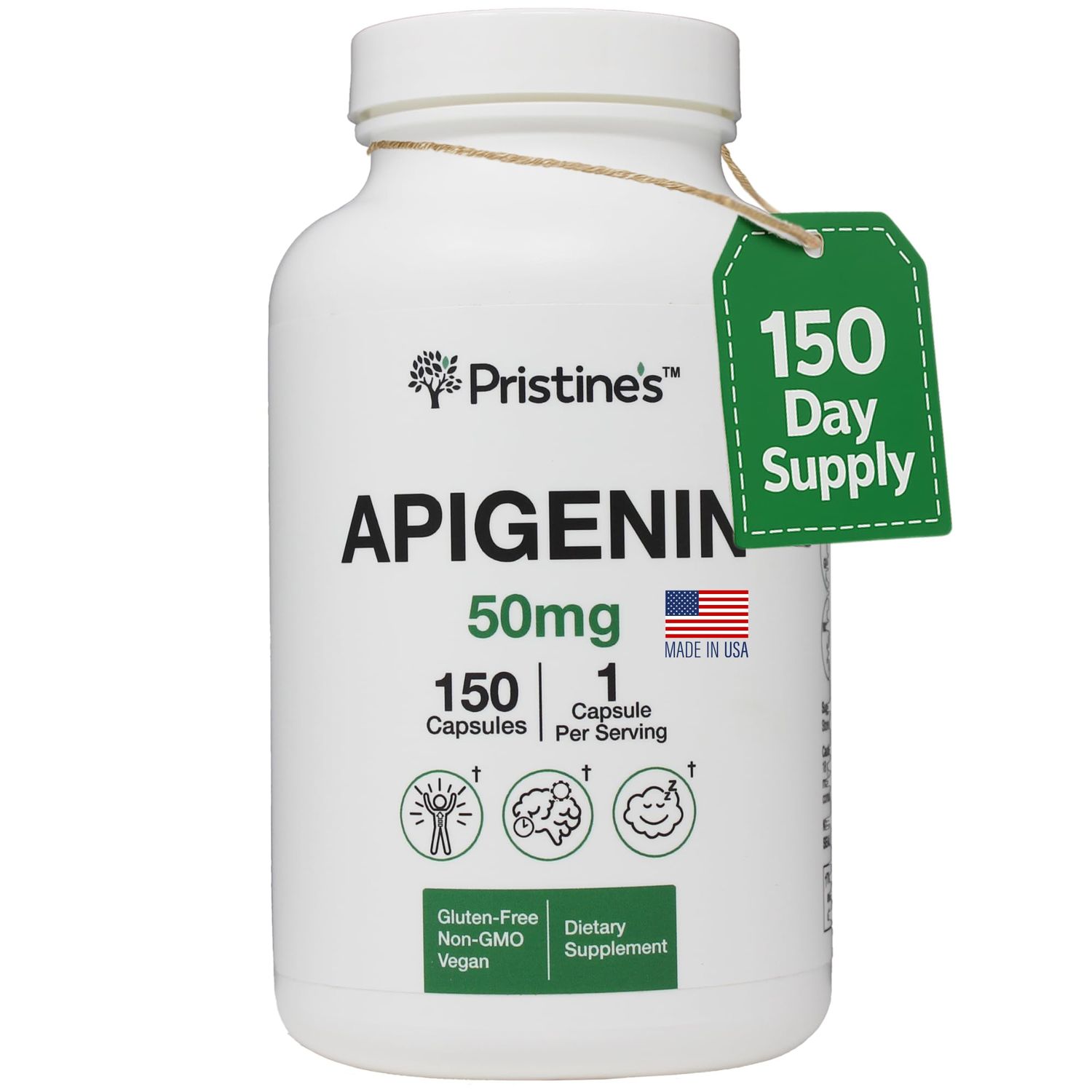 PRISTINE&#39;S Apigenin Supplement for Sleep Capsules - 50mg 150 Day Supply - Prostate Sleep Support Found in Chamomile Powder for Relaxation, Healthy Aging, Brain Heart Health, Immunity