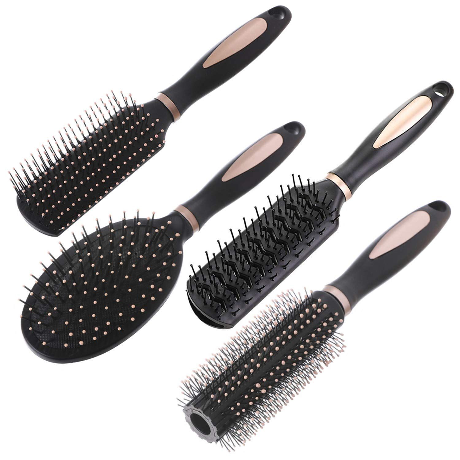 Pack of 4 Anti-Static Hair Tools for Women, Men Kids: Oval Comb, Round Vent Brush, Detangling Paddle Brush for WetDry Hair Massage Shine, QXDAI-10