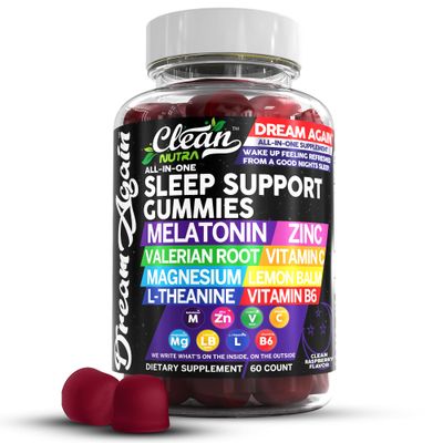 Clean Nutra Melatonin Gummies 10mg Sleep Aid Valerian Root L-Theanine Vitamin B6 C Lemon Balm Magnesium Hibiscus Beta Carotene Saffron Chamomile Rest Support Supplement Raspberry Flavor