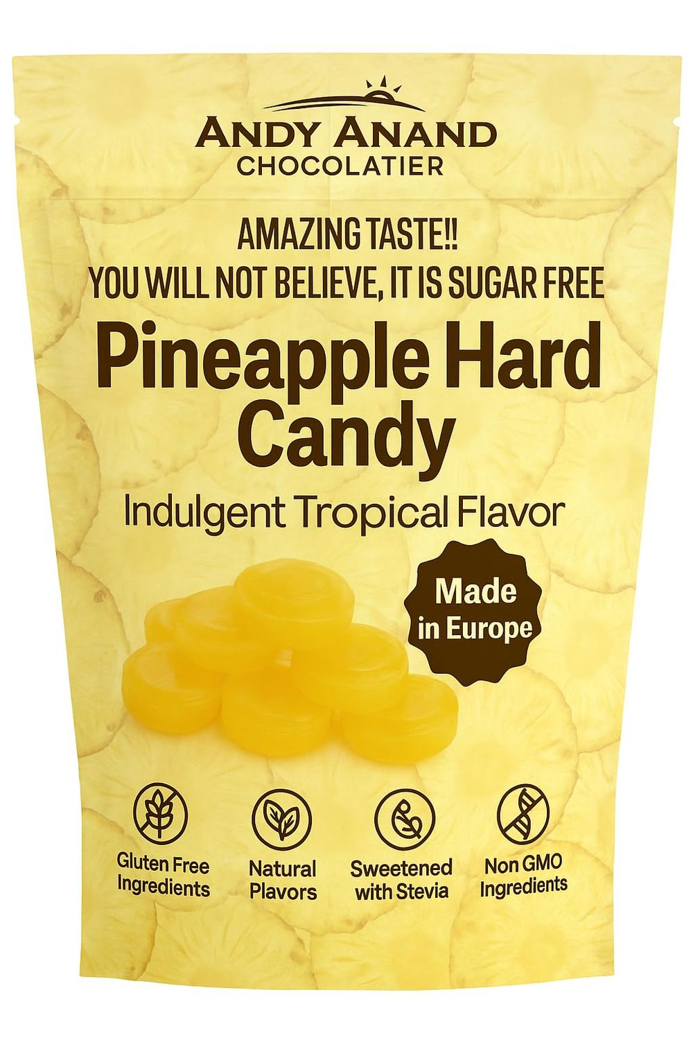 Andy Anand Sugar Free Pineapple Hard Candy Stevia-Sweetened, Keto Diabetic Friendly, Gluten-Free European Crafted, Individually Wrapped Treats, Non-GMO, No Artificial Ingredients (7 oz)
