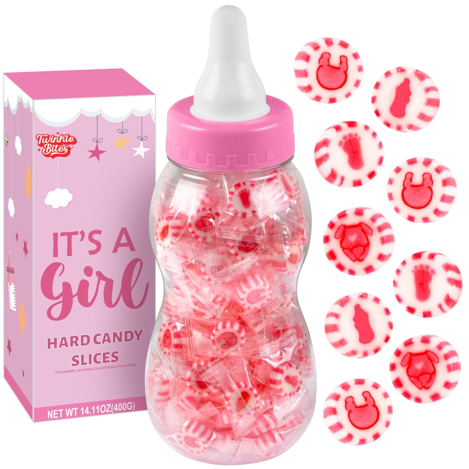 100 Pcs Baby Shower Pink Candy - Individually Wrapped - Packed In A Pink Baby Bottle For Girl Baby Shower Decoration- Bulk Candy Use For Gender Reveal, Baby Shower Favors - Its A Girl Candies