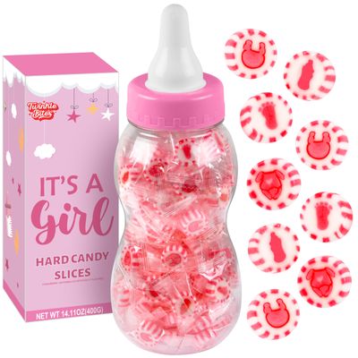 100 Pcs Baby Shower Pink Candy - Individually Wrapped - Packed In A Pink Baby Bottle For Girl Baby Shower Decoration- Bulk Candy Use For Gender Reveal, Baby Shower Favors - Its A Girl Candies