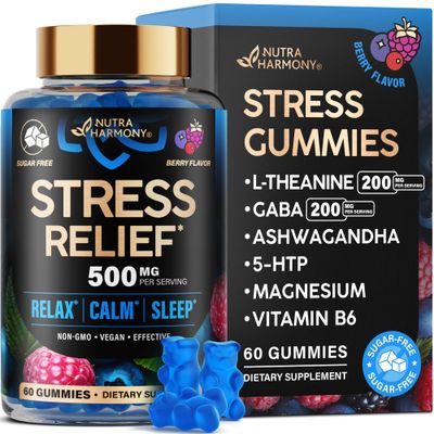 Stress Relief Support 500 mg - Relax, Calm Sleep Support - Stress Gummies with L-Theanine GABA Ashwagandha 5-HTP Vitamin B6 Magnesium - Sugar-Free, Vegan, Mixed Berry Flavor - 60 Gummies