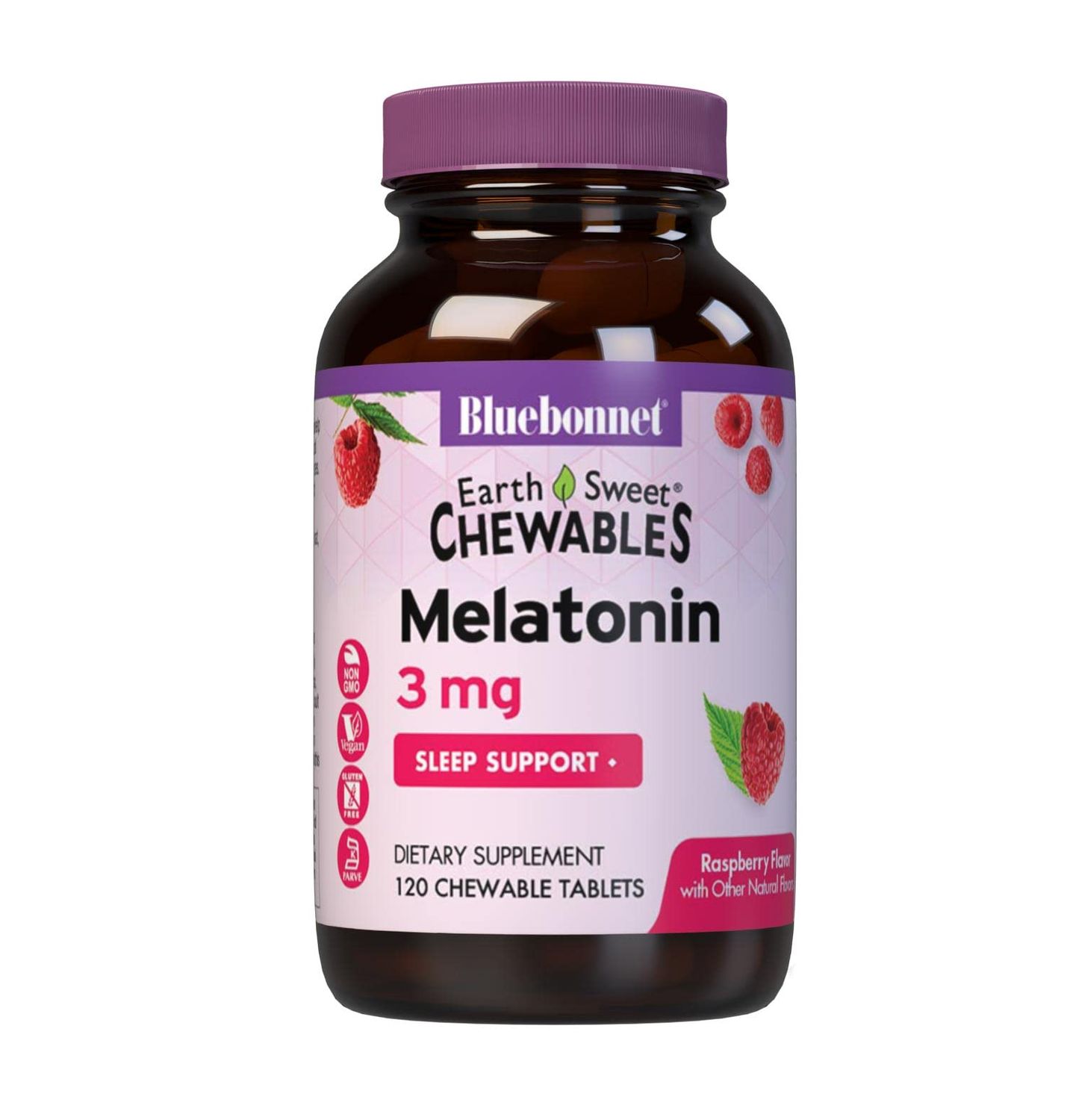 Bluebonnet Nutrition EarthSweet Melatonin 3 mg Fast-Acting Quick Dissolve Nighttime Relaxation Restful Sleep Support - Sleep Aid - Gluten-Free, Vegan - Raspberry Flavor - 120 Chewable Tablets